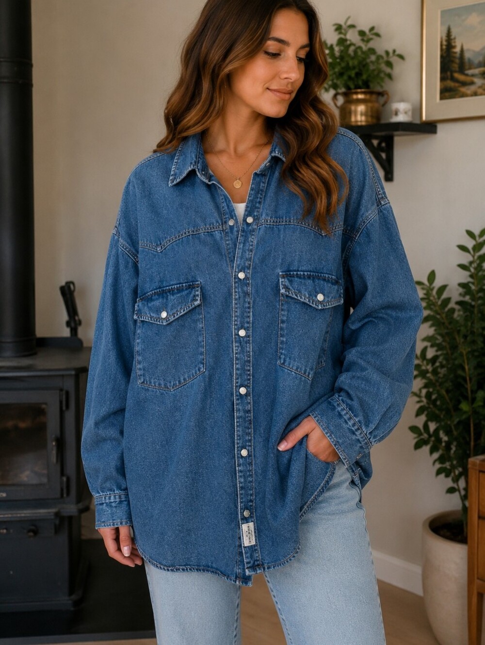 James Dean Dark Denim Western Button Up Shirt Sz Large